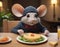 Futuristic mouse sitting in a restaurant and having dinner with cheese