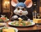 Futuristic mouse sitting in a restaurant and having dinner with cheese