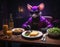 Futuristic mouse sitting in a restaurant and having dinner with cheese