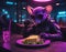 Futuristic mouse sitting in a restaurant and having dinner with cheese