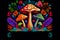 futuristic mushrooms on black background. Generative AI