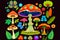 futuristic mushrooms on black background. Generative AI