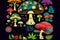 futuristic mushrooms on black background. Generative AI