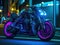 Futuristic neon bike with rider against cityscape