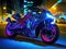 Futuristic neon bike with rider against cityscape