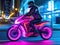 Futuristic neon bike with rider against cityscape