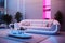 Futuristic Neon Fluorescent Tube Light Glowing Vibrant Night Club Leather Sofa. By generative Ai