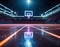 A futuristic neon-lit basketball court with glowing lines and hoops in a dark setting