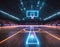 A futuristic neon-lit basketball court with glowing lines and hoops in a dark setting
