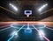 A futuristic neon-lit basketball court with glowing lines and hoops in a dark setting