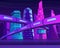 Futuristic neon night city with skyscrapers and railroad. Metropolis in blue violet colors