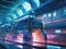 Futuristic neonlit train station with hovering trains