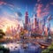 Futuristic New York City skyline with transformed iconic landmarks