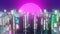 Futuristic night city buildings. Digital City Background Vj Loop. Purple star