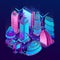 The futuristic night city is illuminated by neon lights in isometric style. Vector illustration