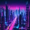 Futuristic night Cityscape on a colorful background with bright and glowing neon Wide city front perspective Cyberpunk