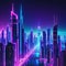 Futuristic night Cityscape on a colorful background with bright and glowing neon Wide city front perspective Cyberpunk