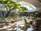 Futuristic office atrium with indoor trees and smart furniture