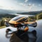 A futuristic orange and black passenger plane takes off from a runway near a modern city. VTOL electric vertical takeoff