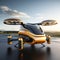 A futuristic orange and black passenger plane takes off from a runway near a modern city. VTOL electric vertical takeoff