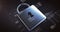 Futuristic padlock against digitally generated background