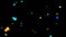 Futuristic particles of red, yellow, green, blue color move in the night space. 3D. 4K. Isolated black background