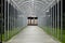 Futuristic pedestrian overpass tunnel with bright lighting, receding into the distance at night. Urban geometry