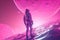 futuristic person, traveling through time and space in pink universe