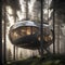 A futuristic pod house suspended from towering trees, offering a bird\\\'s-eye view of the forest