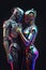 Futuristic portrait of robots in love. An artistic abstract cyberpunk fantasy. The concept of a modern robot. Generative AI