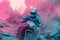 Futuristic post-apocalypse action scene with hero in sci-fi style. Vaporwave surreal shot with pink and blue smoke