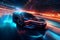 Futuristic racing scene with sleek vehicles and