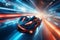 Futuristic racing scene with sleek vehicles and