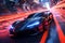 Futuristic racing scene with sleek vehicles and