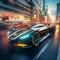 Futuristic Racing Vehicle Speeding Through Vibrant Cityscape