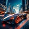 Futuristic Racing Vehicle Speeding Through Vibrant Cityscape