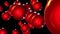 Futuristic random movement of festive bright red balls with a mirror reflection of the sun in the infinite galactic