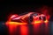 Futuristic red supersport car study at studio scene with blazing fire around. Postproducted generative AI digital illustration of