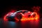 Futuristic red supersport car study at studio scene with blazing fire around. Postproducted generative AI digital illustration of