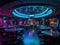 Futuristic restaurant with robot waiters and neon lights