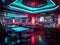 Futuristic restaurant with robot waiters and neon lights