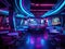Futuristic restaurant with robot waiters and neon lights