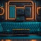 Futuristic Retro Bomb Shelter Livingroom Interior Realistic Metal Plates Wall Lether Sofa and Chairs Neon Tube Lights Glowing
