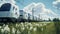 Futuristic Retro Electric Trains Amidst White Flowers