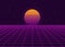 Futuristic retro landscape of the 80s. background. Neon geometric synthwave grid, light space with setting sun abstract
