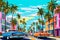 The futuristic retro landscape of the 80s. Illustration of the car and palm trees in retro style and vivid colors