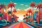 The futuristic retro landscape of the 80s. Illustration of the city and palms in retro style. Suitable for the design of