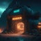 Futuristic Retro Sci-fi Fallout Bunker Bomb Shellter Enterence Exterior Steampunk Style Neon Color Lights Dark Rocky