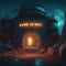Futuristic Retro Sci-fi Fallout Bunker Bomb Shellter Enterence Exterior Steampunk Style Neon Color Lights Dark Rocky