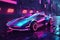 Futuristic Retro Wave Synth Wave Car: Neural Network-Powered Journey on a Night Road.